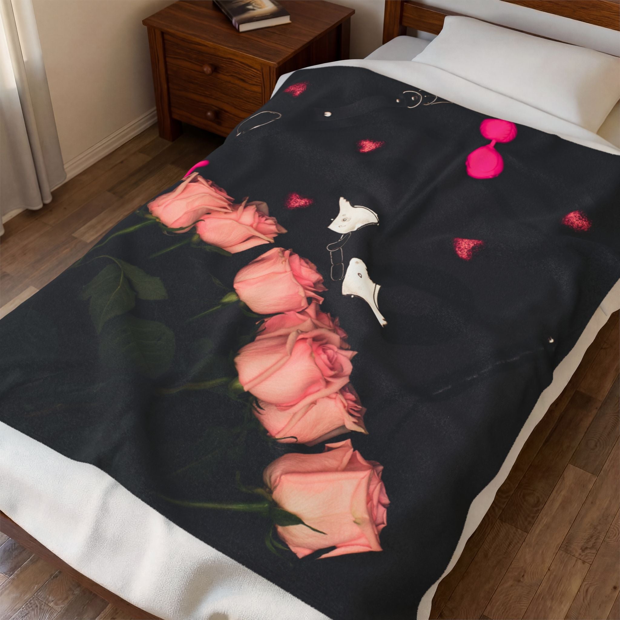 Furry Hand Cuffs & Roses Photograph | Mix & Match Soft Fun-Flirty Loversā Blankets