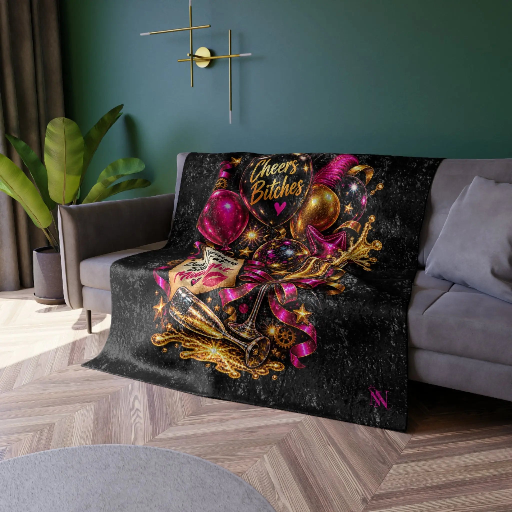 Cheers Bitches New Year | Nectar Napkins Fun-Flirty Loversโ Crushed Velvet Blankets