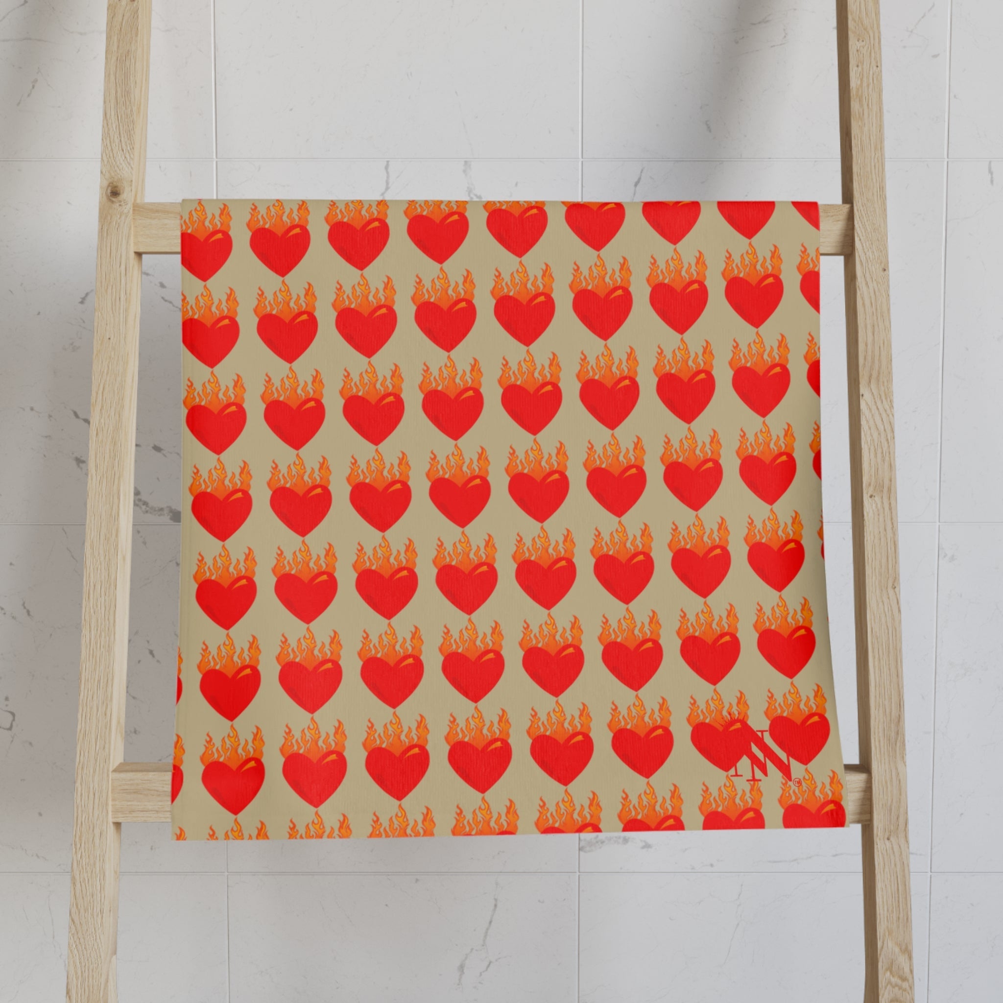 Red Flaming Heart Gold Print Cum Towel