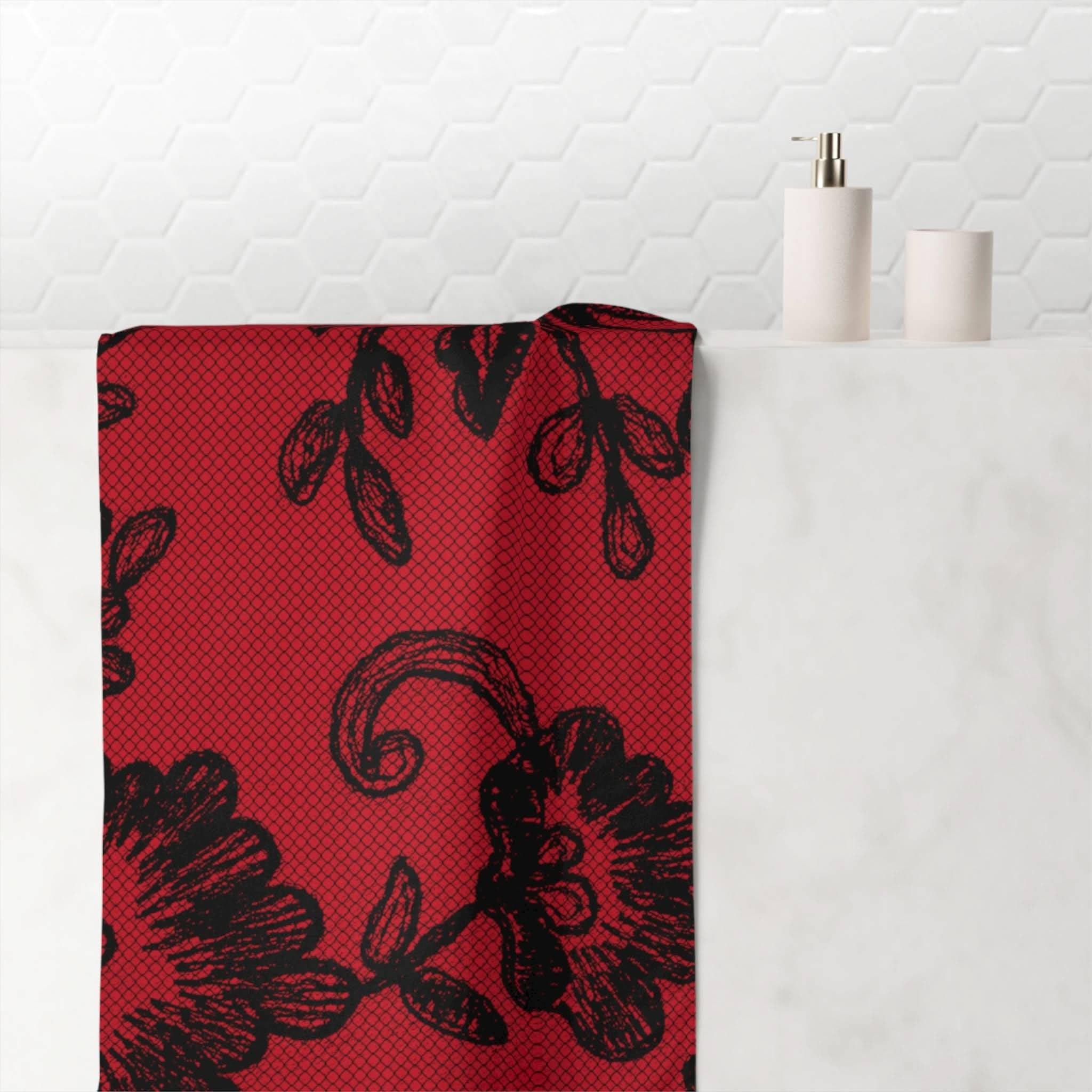 Black Lace Print Red | Mix & Match Naughty XL Fun-Flirty Lovers’ Towels