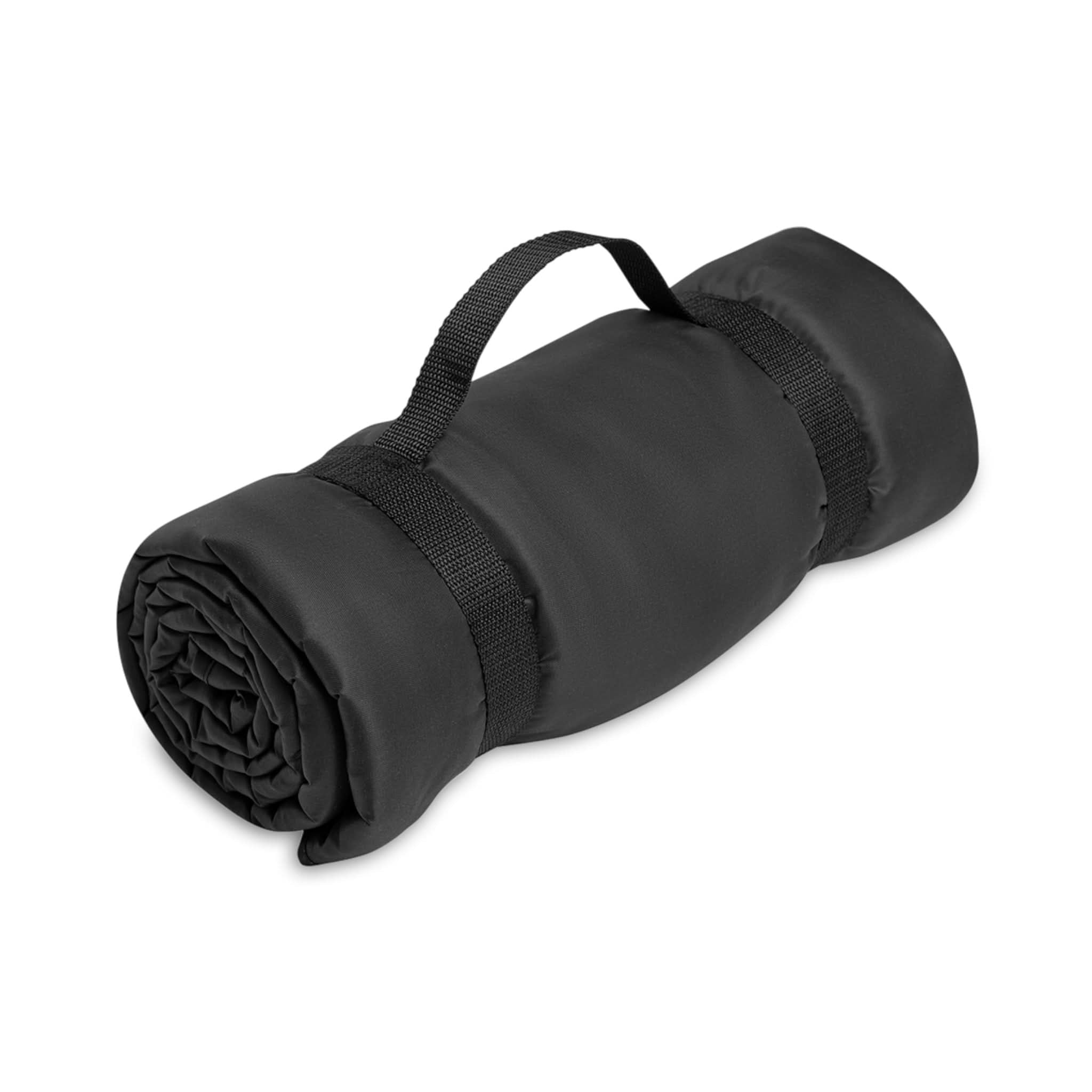 Rolled black picnic blanket with carrying strap.