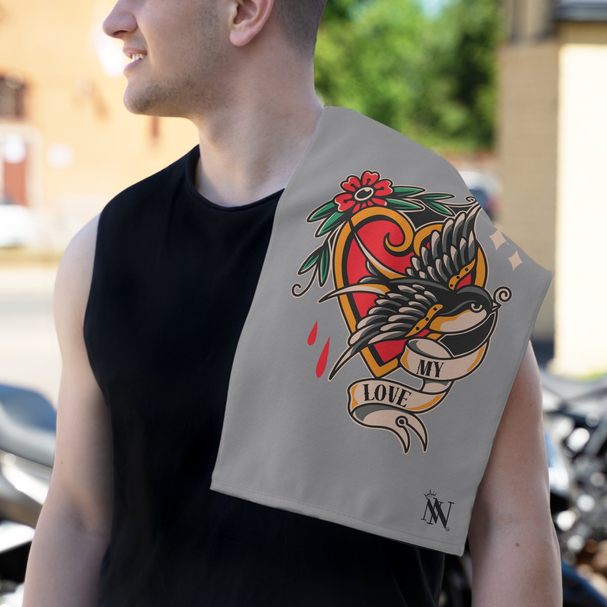 My Love Traditional Tattoo Grey | Mix & Match Soft Fun-Flirty Lovers’ Towels