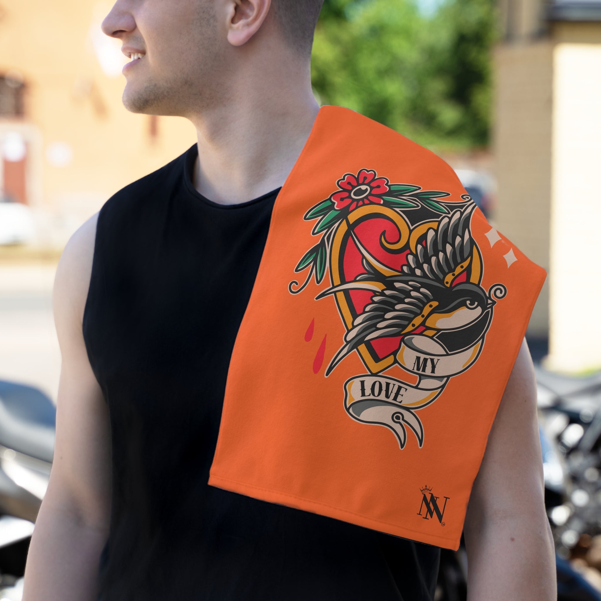 My Love Traditional Tattoo Orange | Mix & Match Soft Fun-Flirty Lovers’ Towels