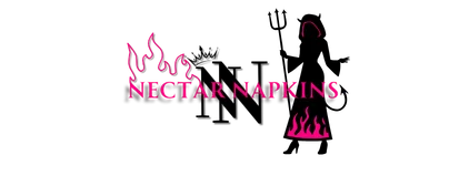 Flaming logo of Nectar Napkins with a devilish woman and signature pink accents on a white background