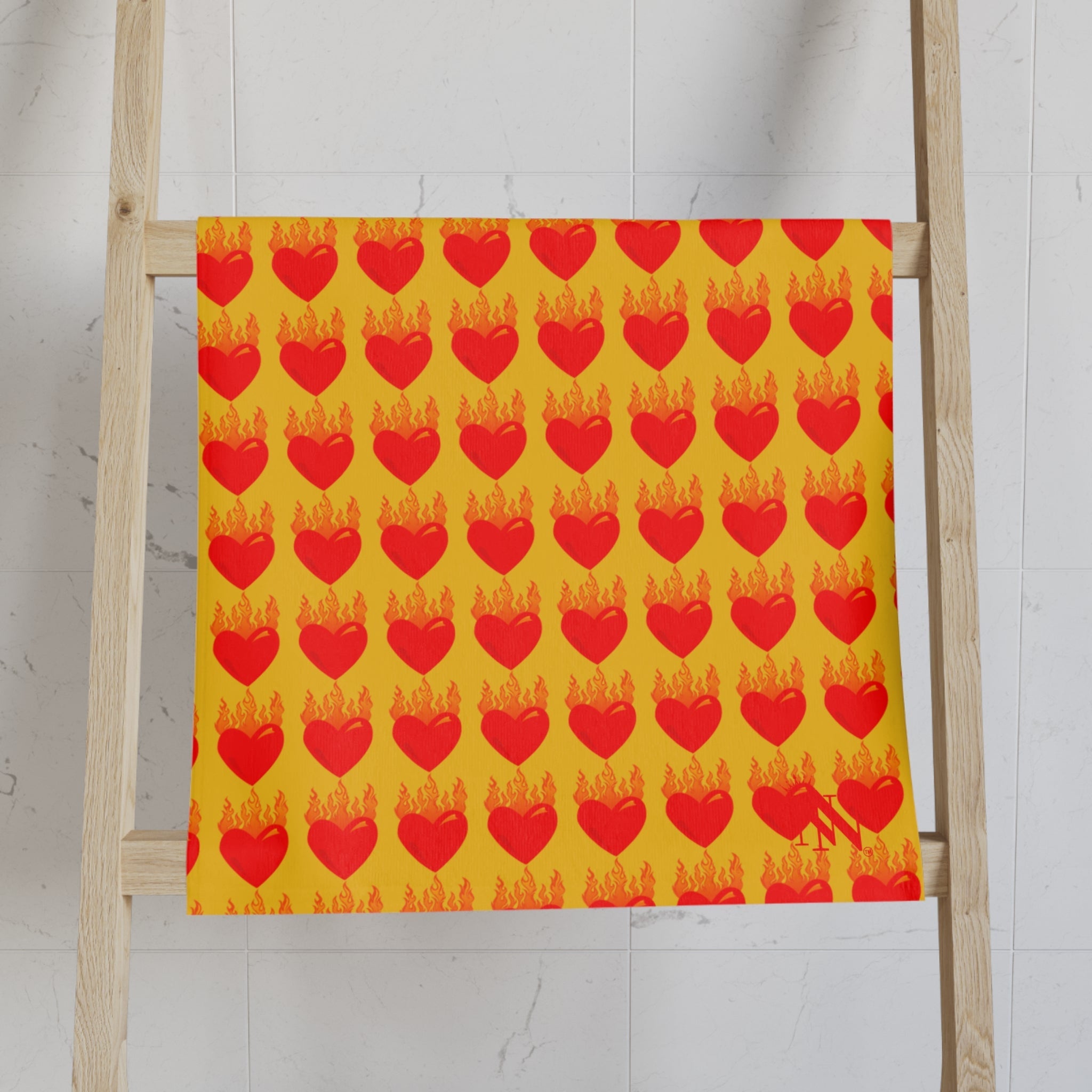 Red Flaming Heart Yellow Print Cum Towel