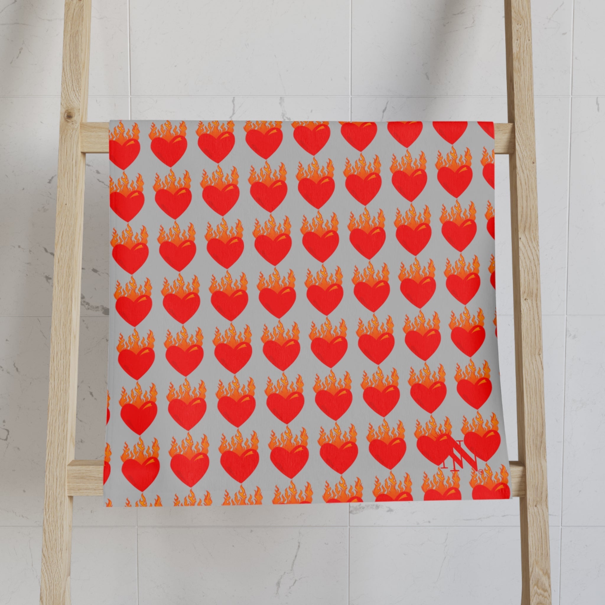 Red Flaming Heart Silver Print Cum Towel