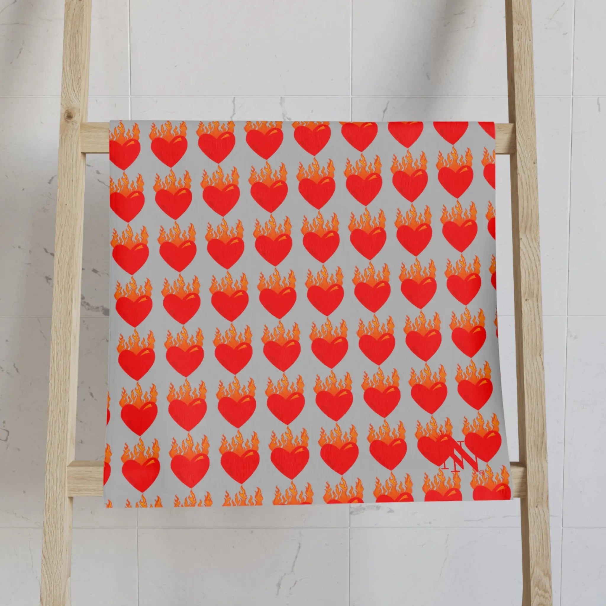 Red Flaming Heart Silver Print Cum Towel