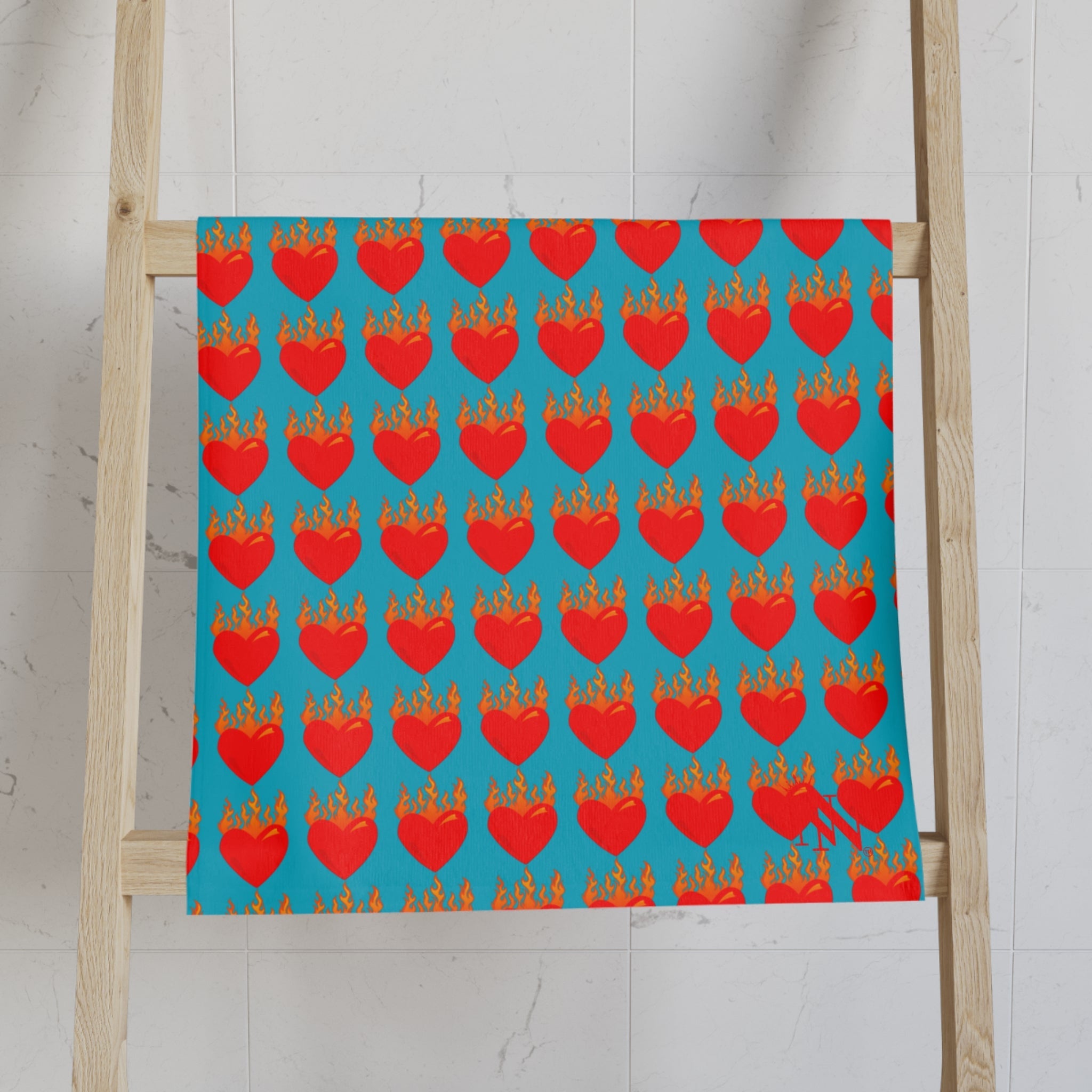 Red Flaming Heart Teal Print Cum Towel