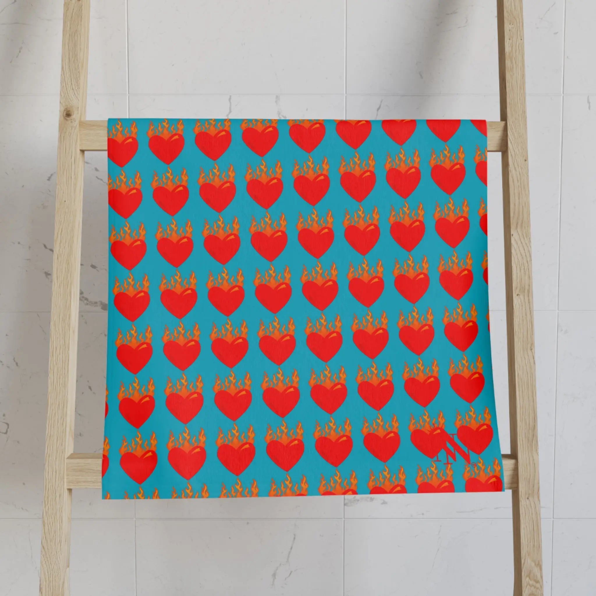 Red Flaming Heart Teal Print Cum Towel
