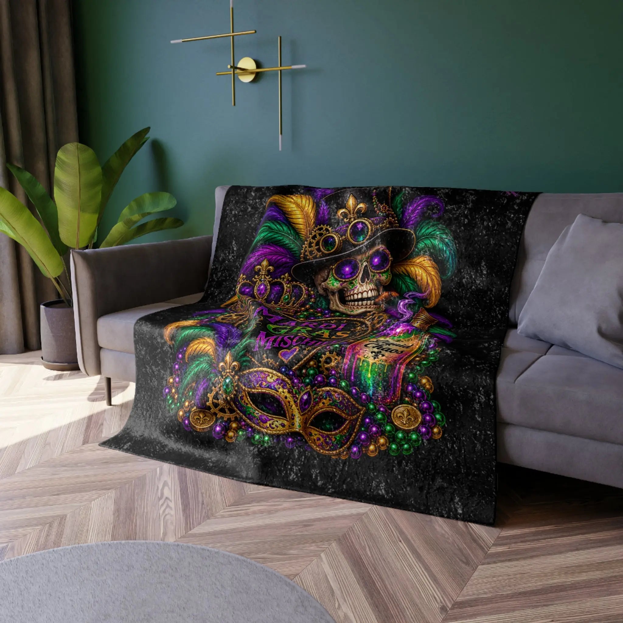 Mardi Gras & Mischief Skull Crushed Velvet Blanket
