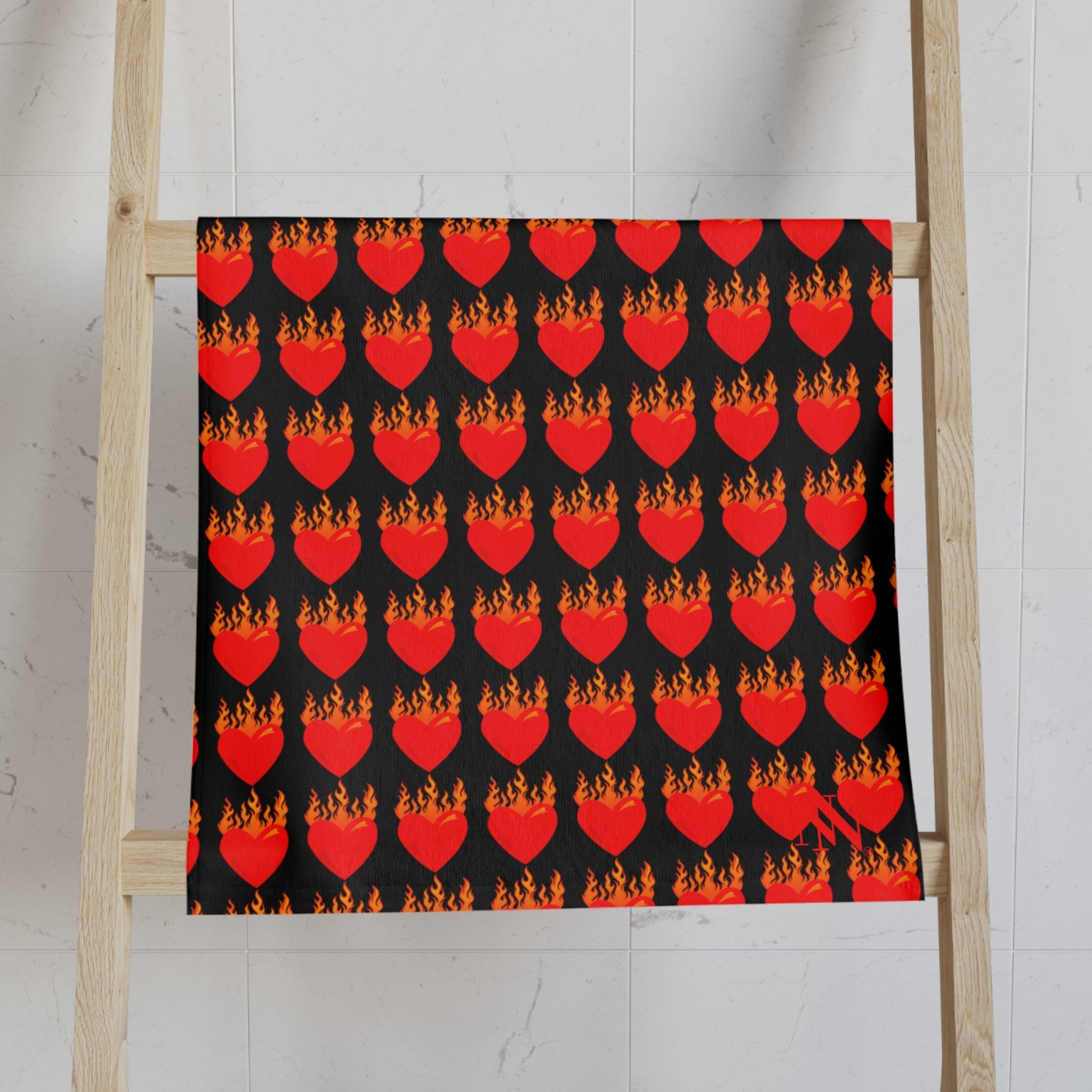 Red Flaming Heart Black Print Cum Towel