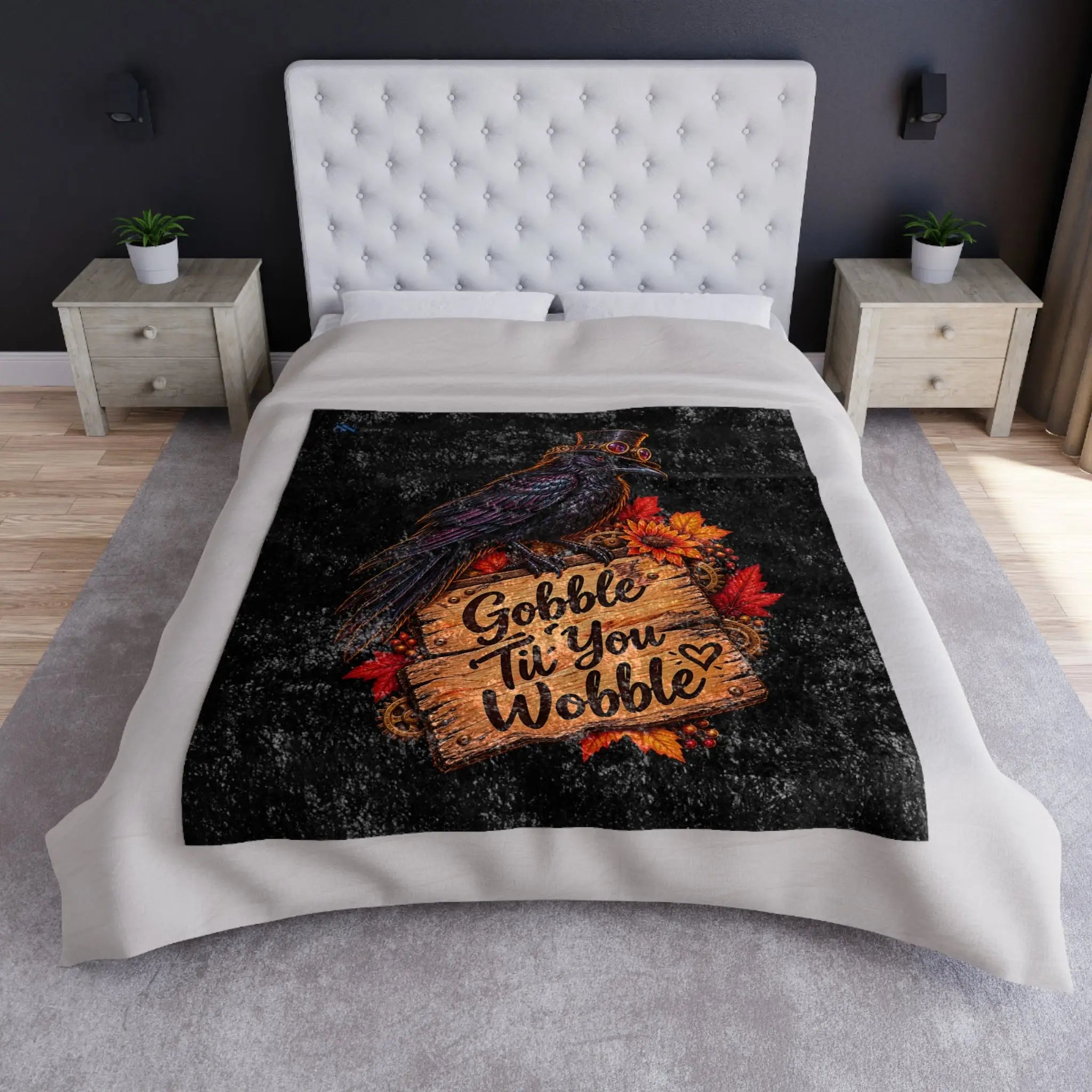 Gobble Til’ You Wobble Crow | Nectar Napkins Fun-Flirty Lovers’ Crushed Velvet Blankets