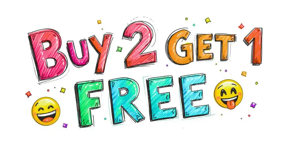 Promotional text 'Buy 2 Get 1 Free' with colorful letters and emojis on a white background