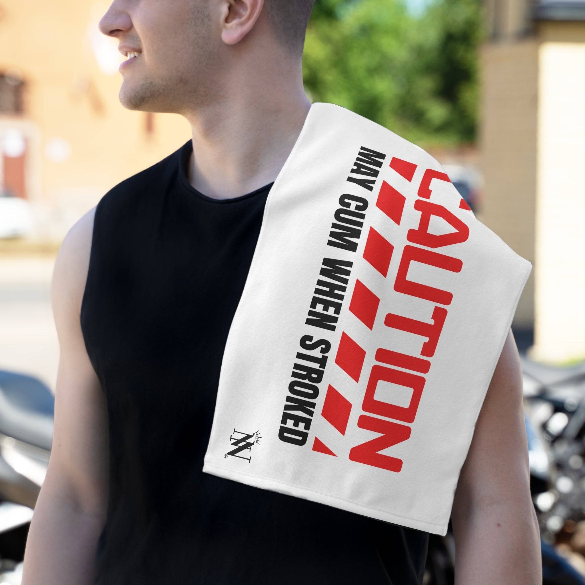 Caution May Cum When Stroked Red | Mix & Match Soft Fun-Flirty Lovers’ Towels