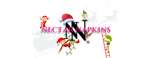 Nectar Napkins name and logo with Christmas elves playing and Santa in background