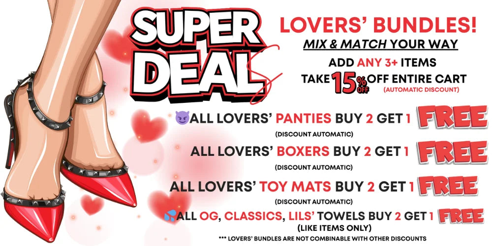 Promotional graphic for a Valentine's sale with red shoes and text about discounts on Lover's products.