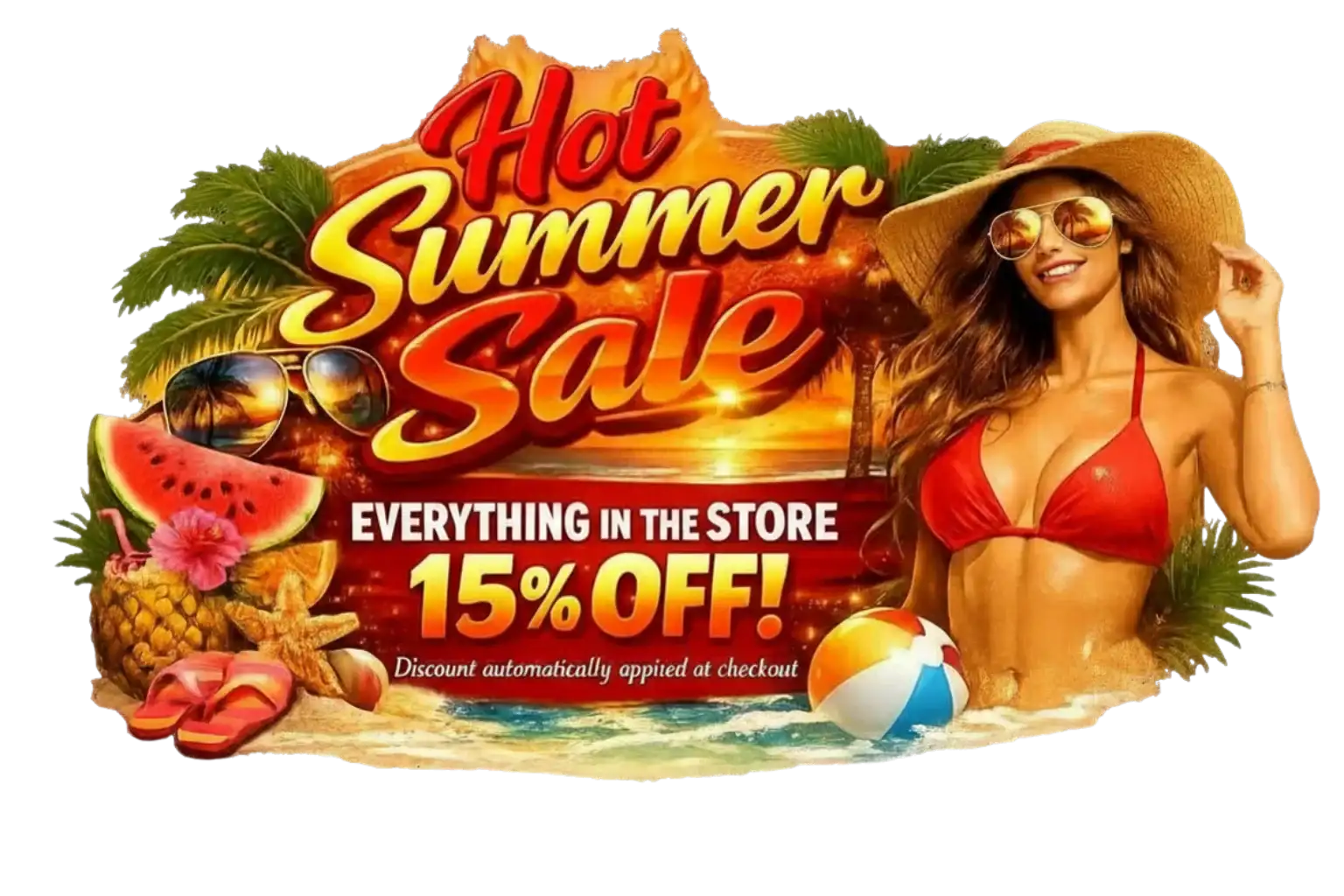 A woman in a red bikini and straw hat stands beside tropical summer-themed graphics, wearing reflective sunglasses.