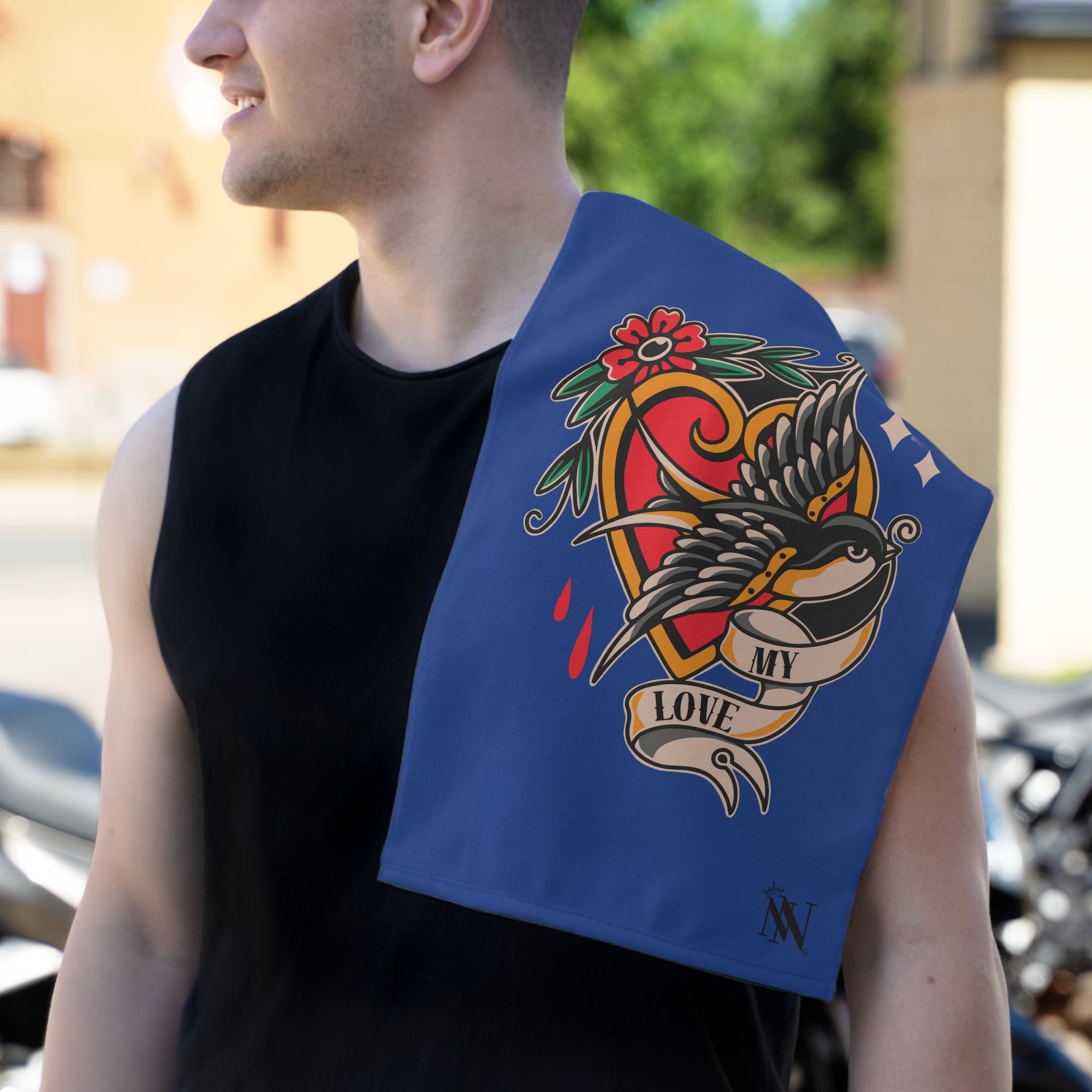 My Love Traditional Tattoo Blue | Mix & Match Soft Fun-Flirty Lovers’ Towels