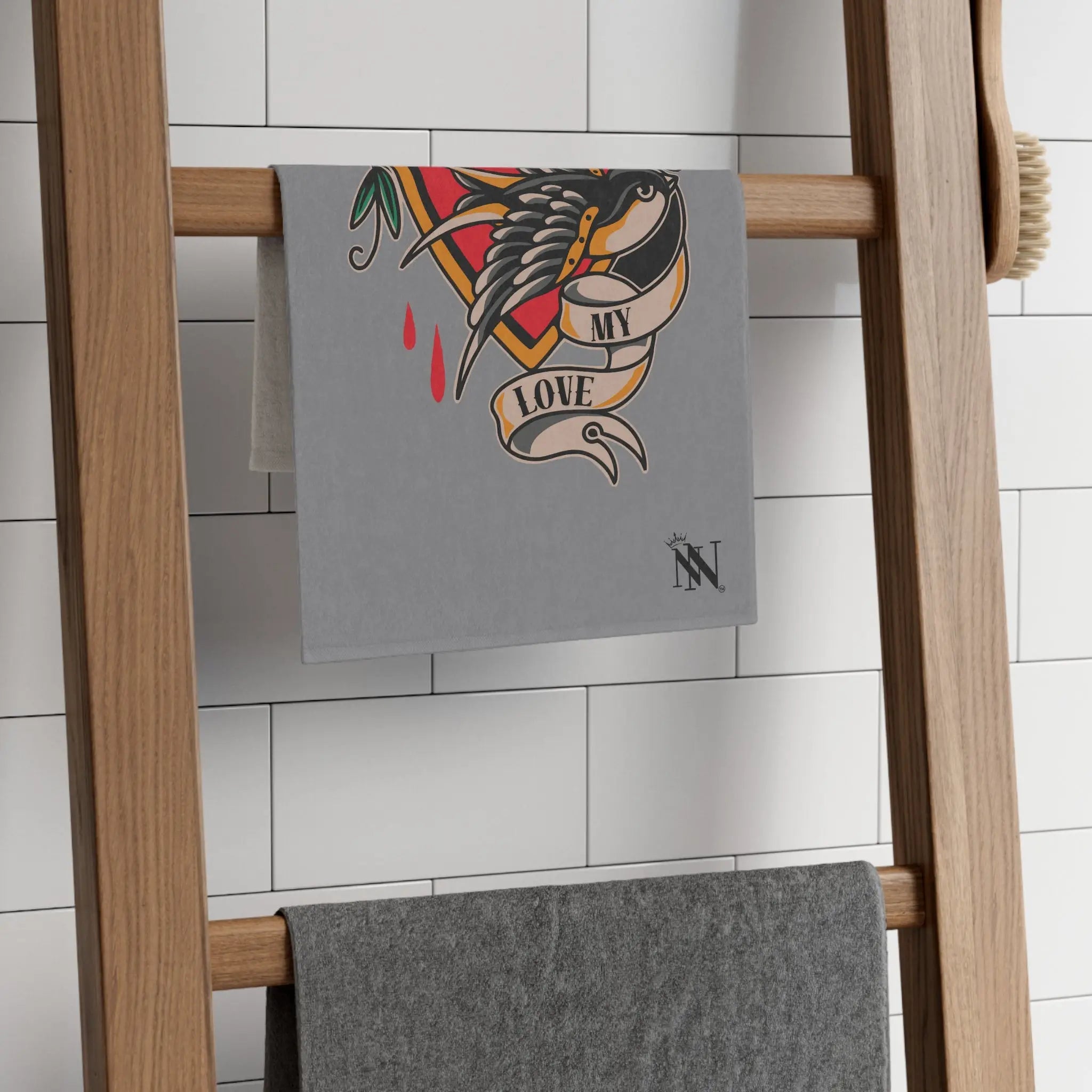 My Love Traditional Tattoo Grey | Mix & Match Soft Fun-Flirty Lovers’ Towels