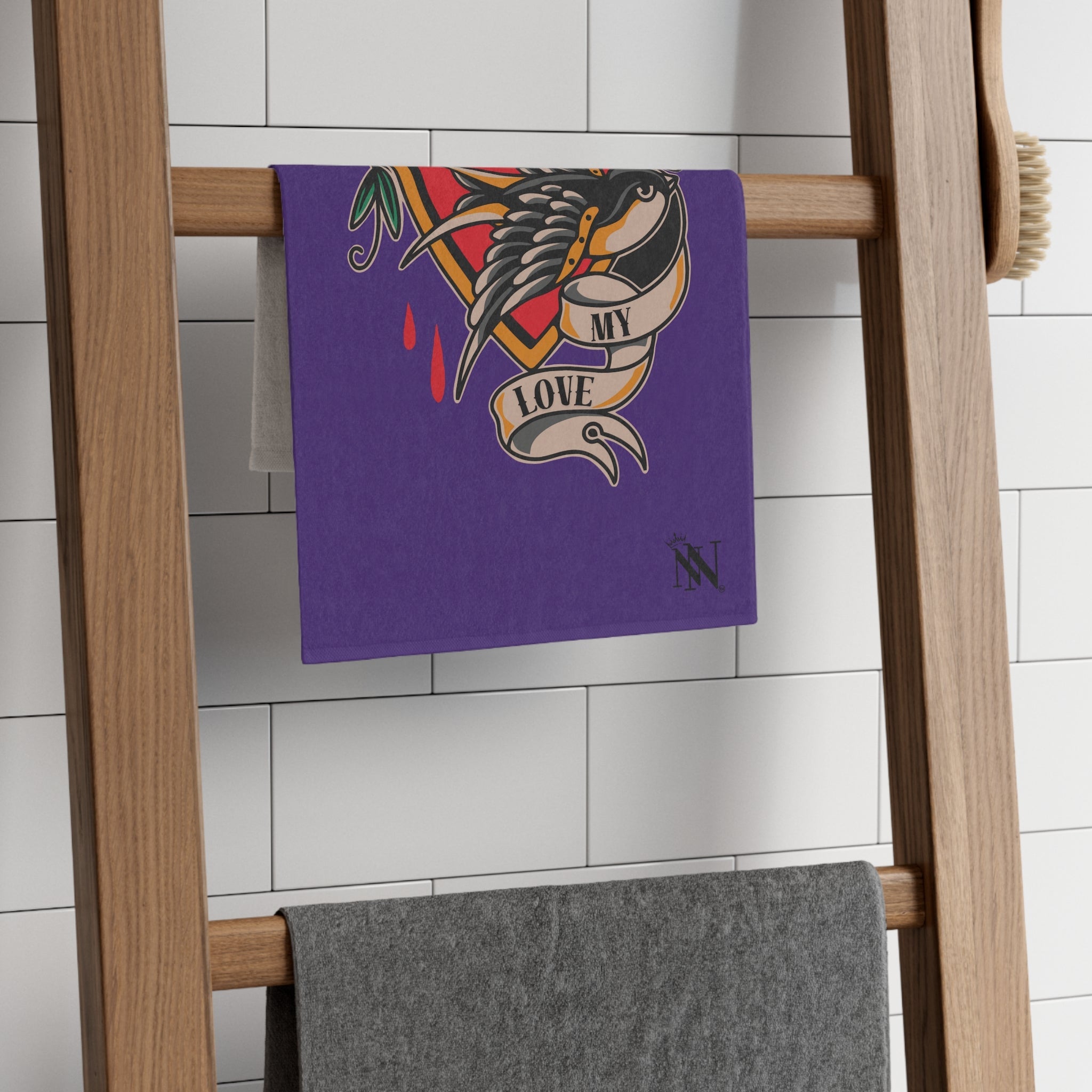 My Love Traditional Tattoo Purple | Mix & Match Soft Fun-Flirty Lovers’ Towels