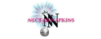 Logo of Nectar Napkins with a disco ball and colorful design on a white background for New Years