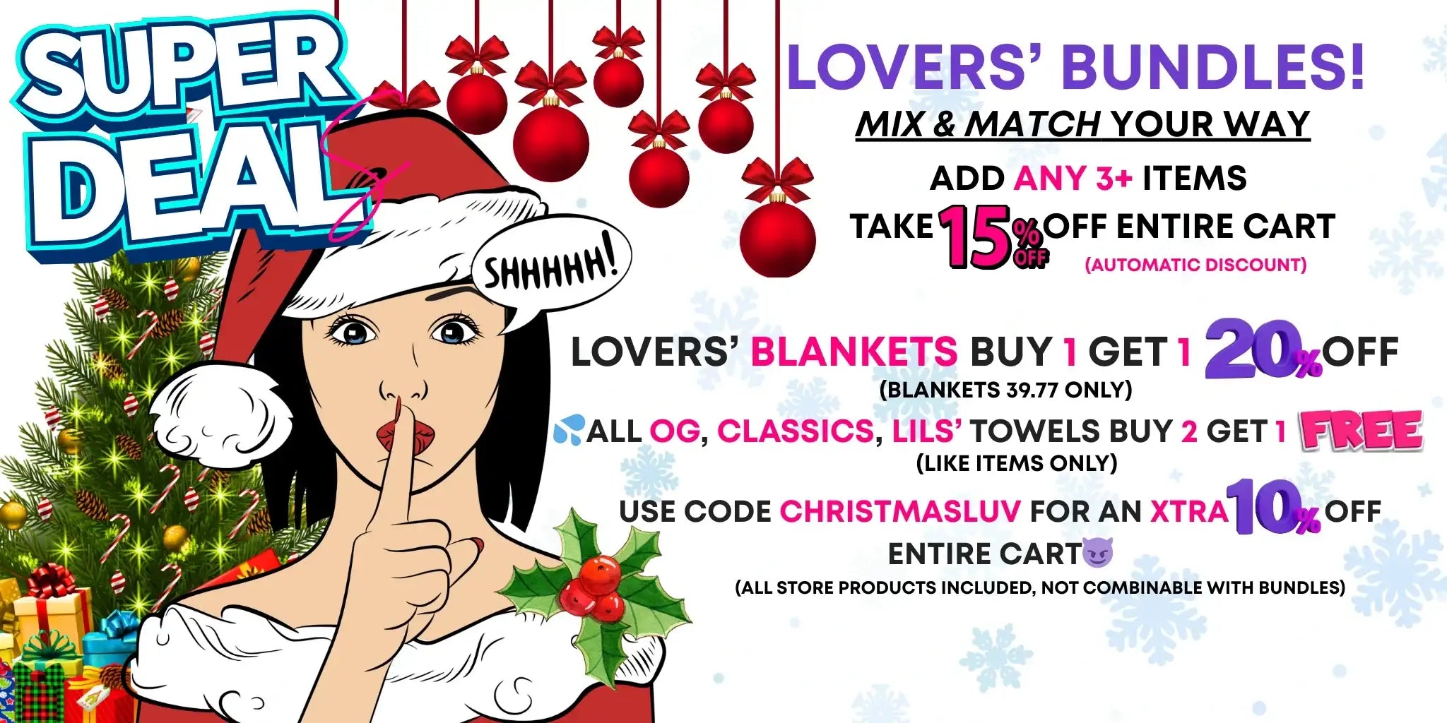 Promotional poster with cartoon character, Christmas tree, and holiday decorations for a sale event.